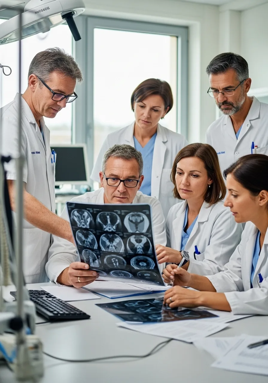 Spécialistes analysant une IRM pour diagnostiquer des pathologies du dos.