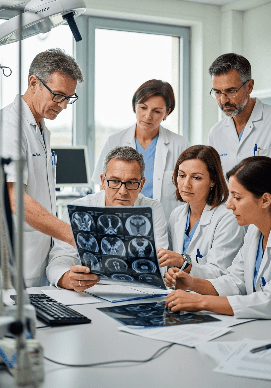 Spécialistes analysant une IRM pour diagnostiquer des pathologies du dos.